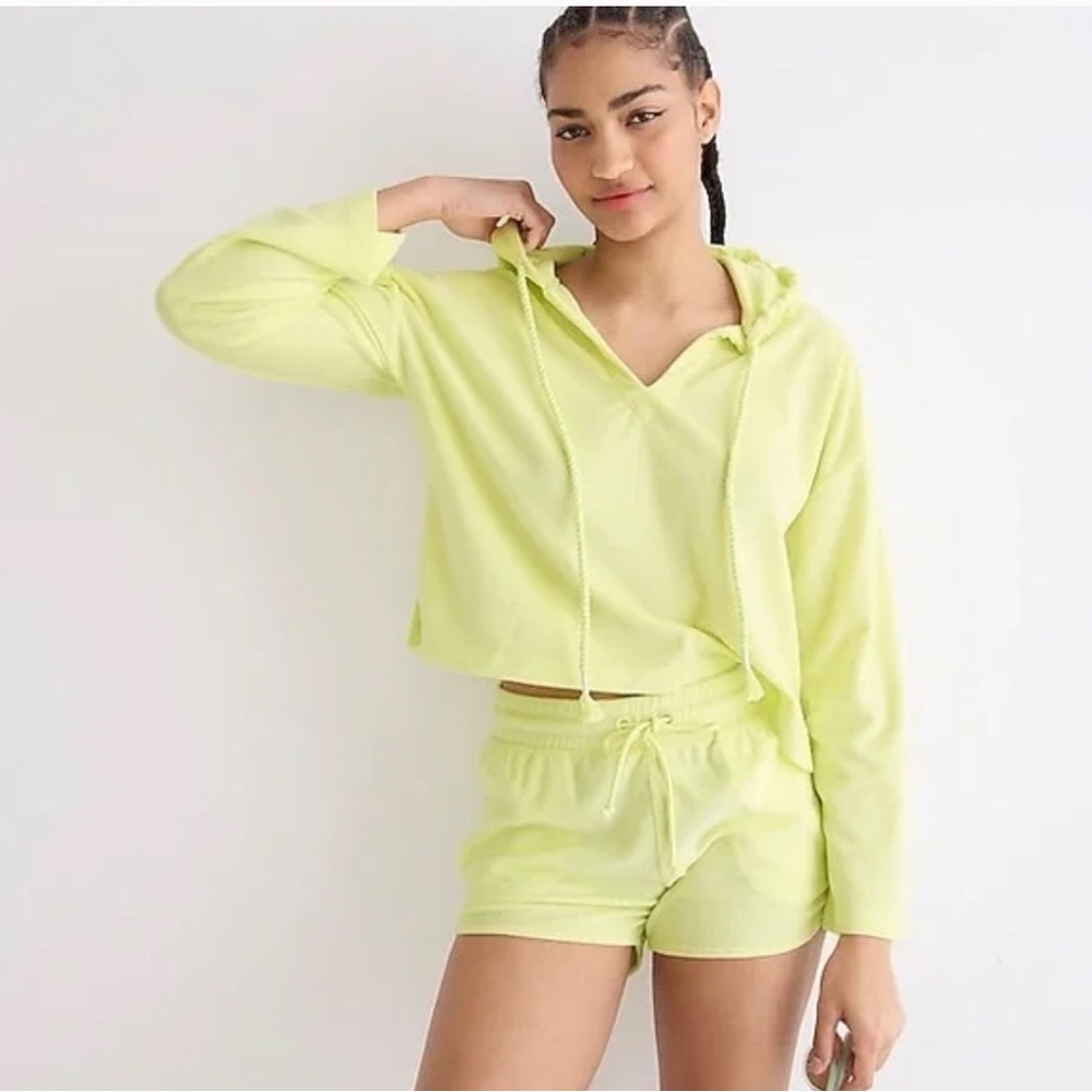 J.Crew Terry Towel V Neck Neon Yellow Loose Fit Beach Hoodie NWT XS